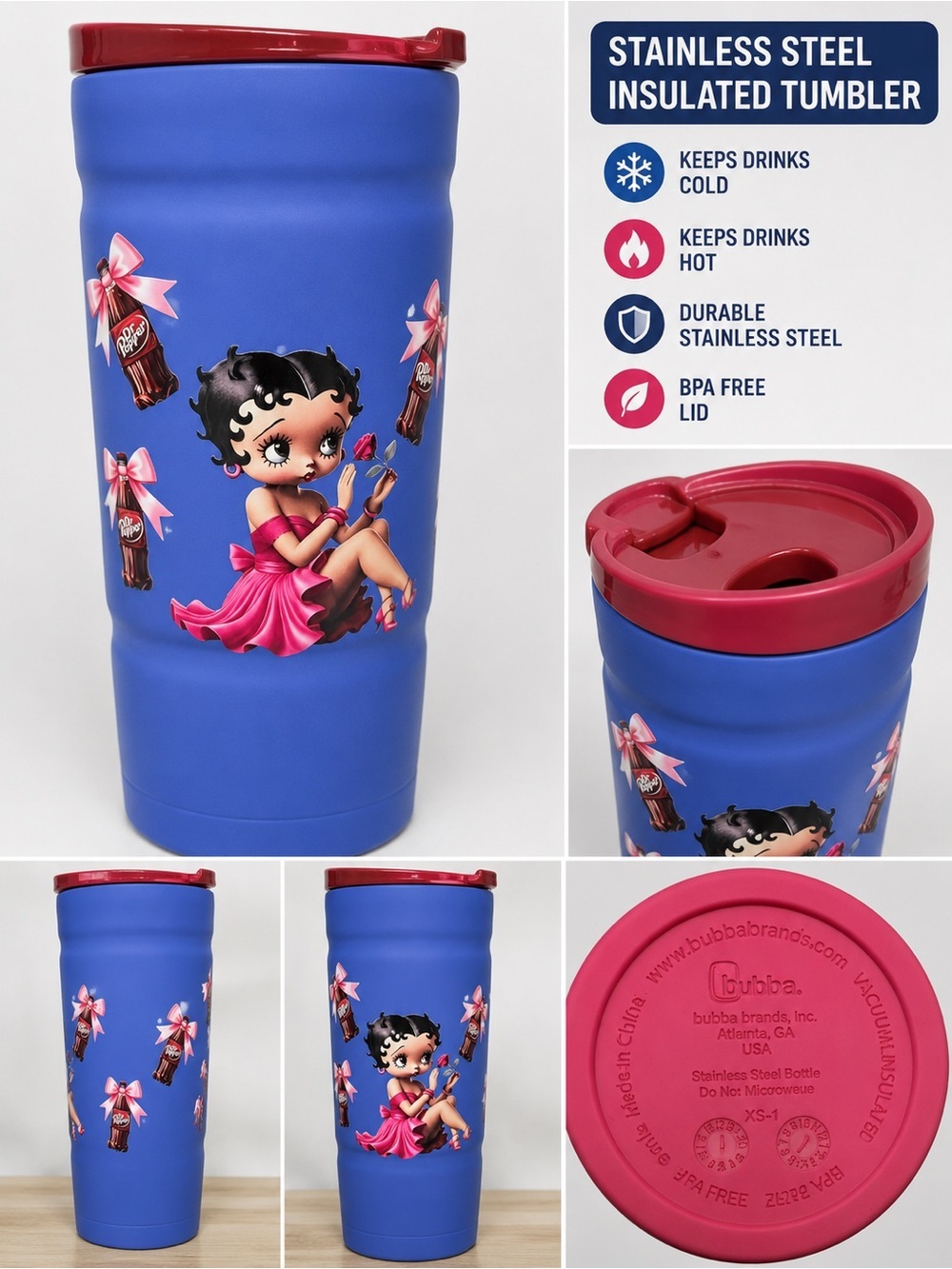 Betty Boop DR PEPPER Blue Tumbler with Pink Lid and Accents